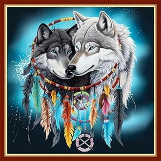 Findvoor Stamped Cross Stitch Kits for Beginners Full Range of Cross Stitching Embroidery Pattern for Adults, 11CT DIY Needlepoint Embroidery Starter Kits-Wind Chime Wolf 17.7x17.7 inch