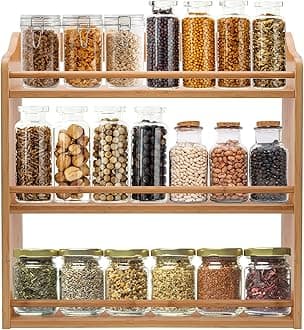 3 Tier Bamboo Spice Rack, Seasoning Jars Rack Shelf Spice Organizer for Kitchen Counter or Wall Mounting