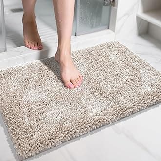 Chenille Bathroom Rugs Non Slip, Extra Thick Soft Absorbent Bath Rug 31.5x20 Inch, Machine Washable Quick Dry Bath Mat for Bathroom Floor, Tub and Shower, Home Decor Accessories, Khaki