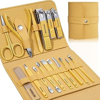 Leipple Manicure Set Professional Nail Clippers Pedicure Kit, 16 pcs Stainless Steel Nail Care Tools Grooming Kit with Luxurious Travel Leather Case for Thick Nails Men Women Gift (Yellow)