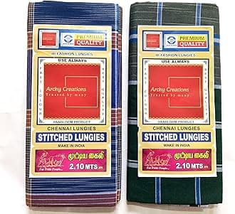 Premium Handloom Lungi, Cotton Stitched, 2.10 Meters, White and Green Checkered, Pack of 2