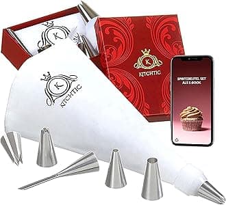 KITCHTIC Piping Bag Set - Large Reusable Cotton, Round Shape, 6 Pieces, Includes Nozzles, Adapter, Cleaning Brush & E-Book with Cake Decoration Tips