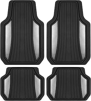 Motor Trend ChromeTech Car Floor Mats Full Set - Durable Rubber Floor Mats for Cars with Two Tone Accent, All Weather Interior Protection for Front and Rear with Non-Slip Backing, Silver Chrome