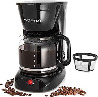 Mixpresso 12 Cup Coffee Pot, Auto-Off & Reusable Filter, Large Drip Coffee Maker, Borosilicate Glass Carafe, Anti-Drip, Water Window, Easy On/Off Switch, Black Coffee Machine