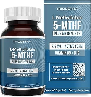 L Methylfolate 7.5mg plus Methyl B12 - Active 5-MTHF Form, MTHFR Supplement - Bloodstream Ready Methylated Folate + B12 Cofactor - Supports Mood, Homocysteine Methylation, Cognition (60 Capsules)