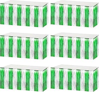 6 Pack 29x108 Inch Silver Green Metallic Foil Fringe Tinsel Table Skirts for Rectangle Tables Streamer Curtains Backdrop for Wedding, Birthday, Parade Floats, Mardi Gras, Carnival Party Decoration