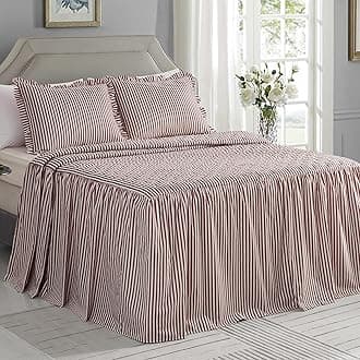 CHIXIN Ticking Stripe Ruffle Skirt Bedspread King Size - 30" Long Drop, Shabby Chic Style, Lightweight Bedding Cover, 3 Piece Set, Burgundy Red