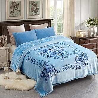 JML Korean Style Mink Blanket Heavy King Size 87" x 94", 10.5 Pounds Plush Fleece Blankets for Winter- Silky Soft and Warm, 2 Ply A&B Printed Embossed Raschel Bed Blanket (Blue Floral)