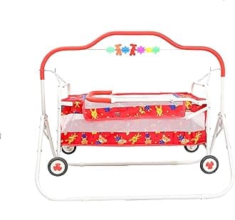 BABYBLESSING Baby Cradle with Swing and Mosquito Net | with 4 Wheels | Foldable & Movable | Sturdy and Safe | Durable | Jhulla | Palna | with Hanging Hammock | 0-15 Months | Red, Iron