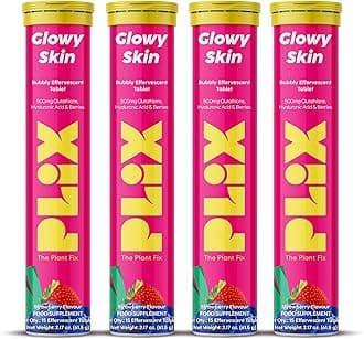PLIX Glowy Skin 500mg Glutathione Supplement with Hyaluronic Acid, Vitamin C, E & Berries | 60 Effervescent Tablets, Strawberry Flavor