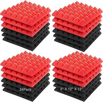 Acoustic Sound Foam Panels, 24 Pack 5 X 30 X 30cm/2" X 12" X 12" Red and Black Soundproofing Treatment Studio Wall Padding Sound Absorbing Fireproof Pyramid Acoustic Treatment