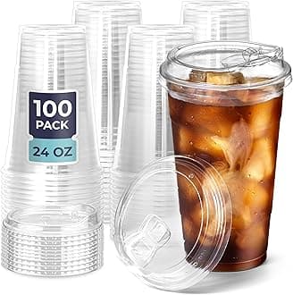 Fit Meal Prep 100 Pack 24 oz Clear Plastic Cups with Strawless Sip Lids, Disposable Plastic Coffee Cups with Lids, To Go Cups for Iced Coffee, Smoothies, Soda, Party Drinks, Bubble Tea, Cold Beverage