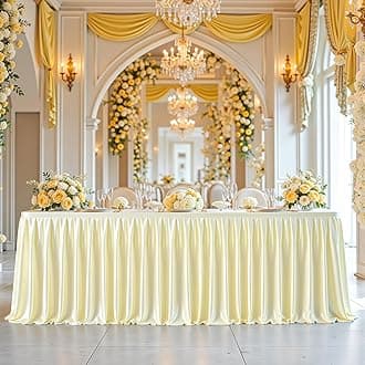 4ft Champagne Satin Tablecloths for Rectangle Tables - Shiny Spandex Party Table Cover with Pleated Table Skirt, No-Wrinkle & Glossy Wedding Tablecloth One-Piece for Birthday Baby Shower Banquets