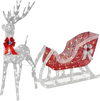 Best Choice Products Lighted Christmas 4ft Reindeer & Sleigh Holiday Outdoor Yard Decoration Set w/ 205 LED Lights, Stakes, Zip Ties - Silver