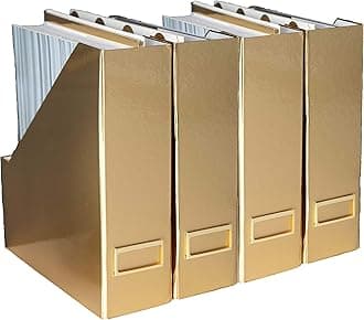 BLU MONACO Gold Magazine File Holder Set of 4 – Stylish Desk Organizer for Home & Office - Elegant Supplies, Bookends & Durable File Holders for a Gold Office Decor