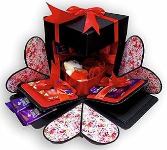 US IDEAL CRAFT Explosive Gift Box, Birthday Gift, Wedding Gift, Valentine Love Gift For Your Wife/Husband, Fiance, Boyfriend With 12 Chocolate Each (1 Tin Box Includes Teddy & Roses), Pack of 1