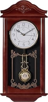 Clockswise Large Vintage Grandfather Wood- Looking Plastic Pendulum Wall Clock for Living Room, Kitchen, or Dining Room, Large Brown