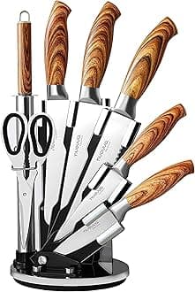 Sharp Kitchen Knife Set – 7Pcs Stainless Steel Blades with Wooden Style Handles – 360° Rotating Acrylic Knives Block Set with Sharpener – Chef, Bread, Utility, Scissors, Paring & Carving Tools