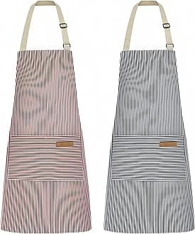 2 Pack Kitchen Cooking Aprons, Adjustable Bib Soft Chef Apron with 2 Pockets for Men Women (Blue Pinstripes/Pink Pinstripes)