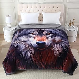 Heavy Korean Mink Blanket 85x93 inch - 8.4 LB, Luxury Printed Plush Flannel Fleece Blanket King Size for Men Women, Thick & Warm for Winter Fall Spring, White, Wolf Pattern