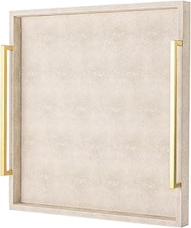 Large Ottoman Tray for Coffee Table,Square Shagreen Leather Decorative Tray with Gold Handles for Living Room Decor