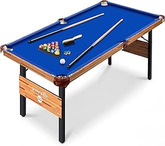 SereneLife 4.5ft Folding Pool Table, 55in Portable Foldable Billiards Game Table for Kids and Adults with Accessories, Indoor and Outdoor Games with Sticks, Cue, Balls and Triangle, Blue
