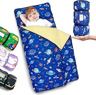 Primlect Thickened Toddler Nap Mat with Removable Pillow and Minky Blanket, Extra Large 55''x35'' Sleeping Bag, Washable, Roll up, Perfect for Daycare, Preschool, Kindergarten, Boys and Girls (Space)