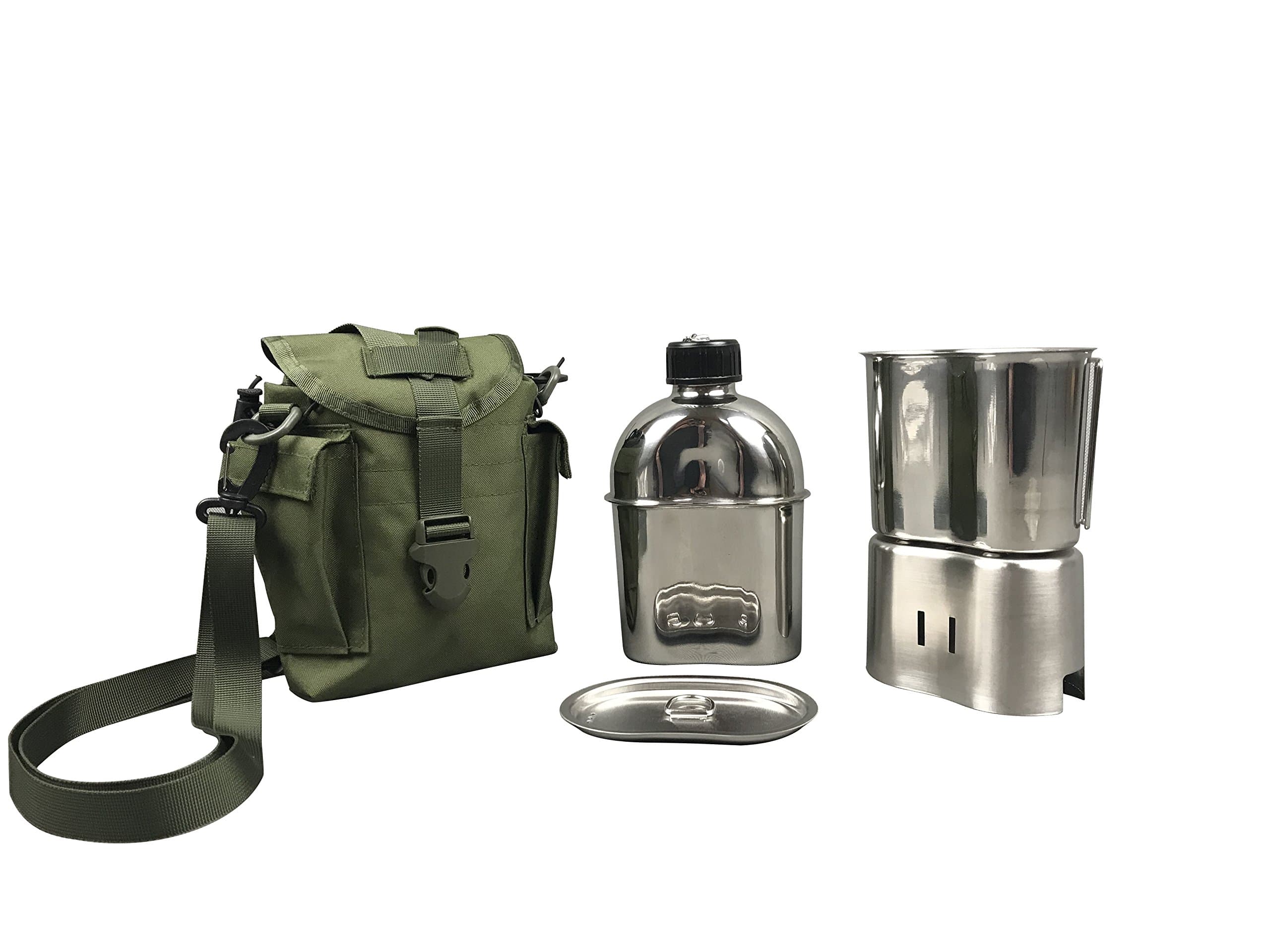 Jolmo Lander Military Canteen Cookware Set Camping Canteen Mess Kit Stainless Steel Canteen with Cup,Lid,Stove,Pouch (Olive Drab set)