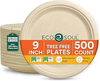 ECO SOUL Compostable 9 Inch(500-Pack) Biodegradable Heavy-Duty Disposable Eco-Friendly Paper Plates for Christmas Dinner & Parties, Wedding, Event
