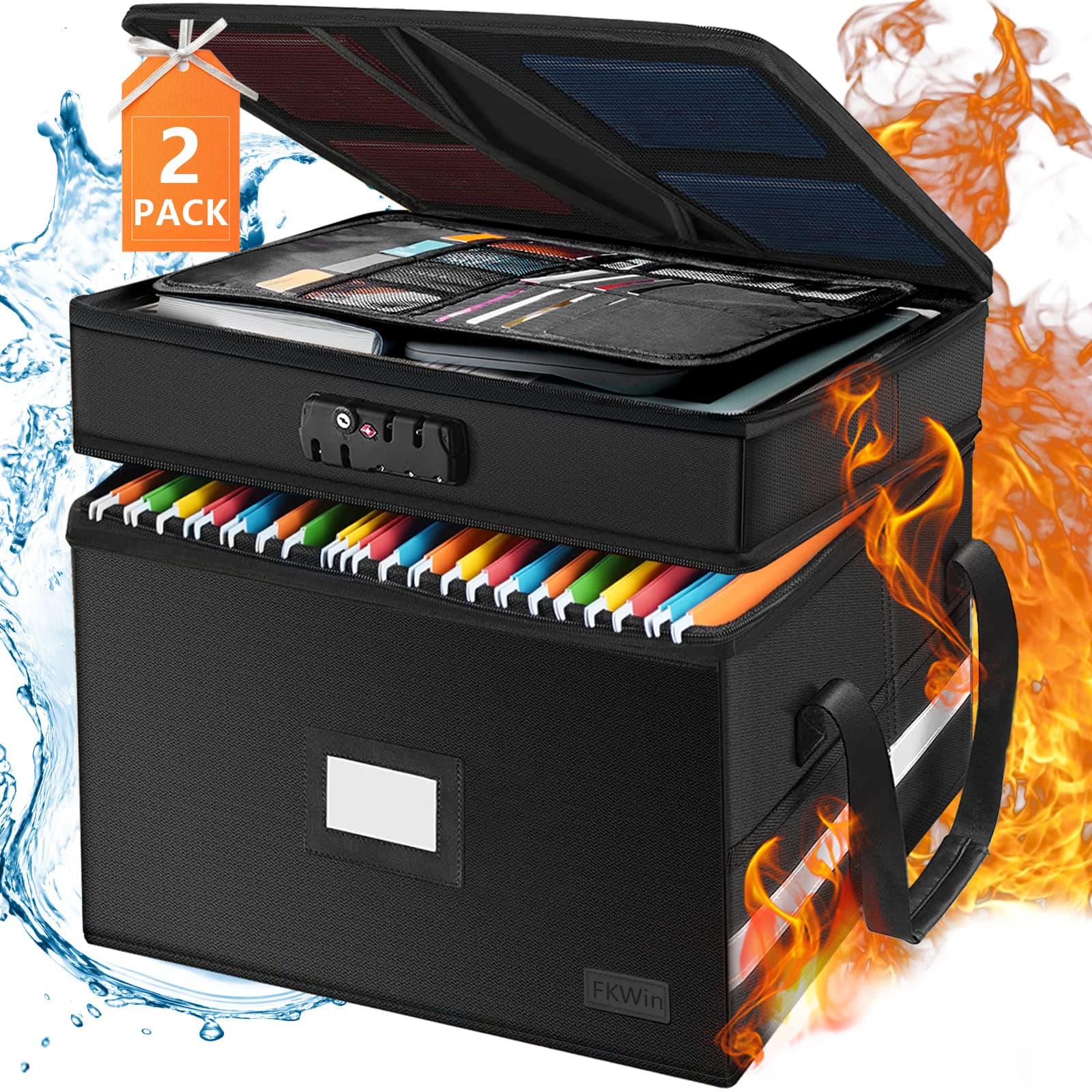 FKWin 2 Pack Fireproof Document Box with Lock, 2 Layers Fireproof File Box, Portable Important Document Organizer, Collapsible Water-resistant File Box Organizer with Handles (Black)