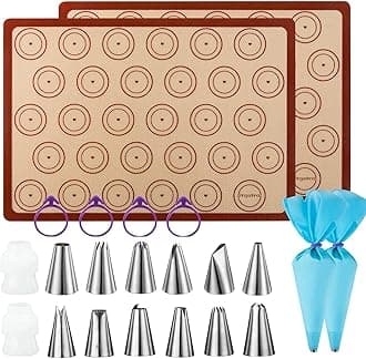 Macaron Baking Kit Silicone Mat - (22pcs set), 2 Half Sheet Macaron Silicone Mat,12 Piping Tip,2 Piping Bag with 4 Bag Tie,2 coupler, macaroon baking supplies