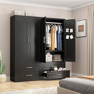 71" Tall Metal Clothes Storage Cabinet, Wardrobe with Drawer and Hanging Rod, Armoire with Hanging Rod and Adjustable Shelves, Storage Cabinet for Bedroom, Laundry Room, Black