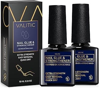 Strong Nail Glue and Strengthener for Acrylic and Press On Nails - Quick Dry Brush On Gel for Long Lasting Effect - Adhesive Nail Bond for False Nails with Tips Strengthener - 2 Pack