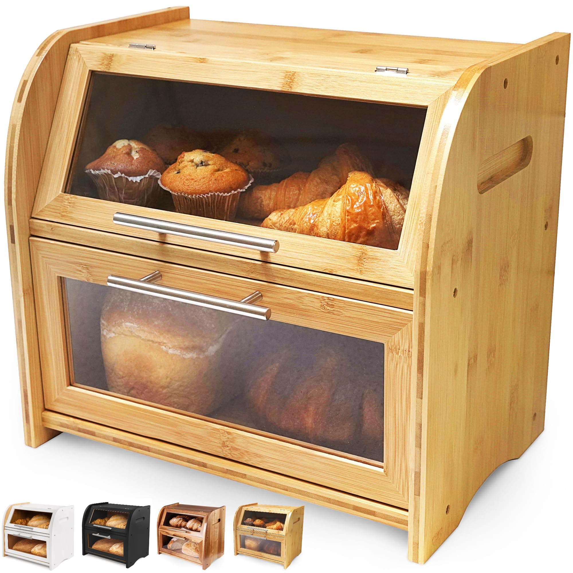 Arise Stylish Bread Bin for Kitchen Countertop, Extra Large 2-Shelf Wooden Bread Box with Clear Windows and Air Vents Keeps Bread, Bagels and Rolls Fresh. 40 x 26.4 x 36.5, Self Assembly