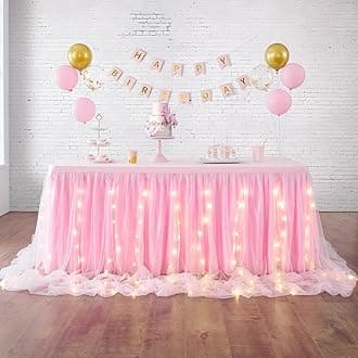Pink Tulle Tutu Table Skirt Table Cloth LED Table Skirt for Rectangle or Round Table for Baby Shower Wedding and Birthday Winter Party Decoration(14 ft Table Skirt)