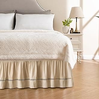 MIYE Wrap Around Ruffled Lace Bed Skirt, Elastic Dust Ruffle with Adjustable Belts, Easy to Put On, Bed Frame Cover, Machine Washable (Ruffled Lace/Cream, King/Queen-12.5" Drop)