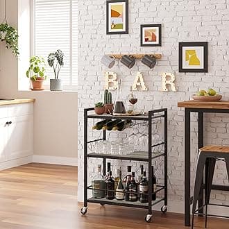 TUTOTAK Bar Cart - Serving Cart for Home - Microwave Cart, Drink Cart, Mobile Kitchen Shelf with Wine Rack and Glass Holder, Rolling Beverage Cart BC01BG030