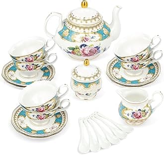 fanquare 21 Piece Vintage Blue Porcelain Tea Set Ceramic Coffee Set Flowers Wedding Table Service for Adults