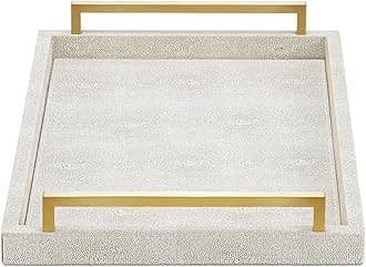 Ivory Shagreen Decorative Tray Large Rectangle Coffee Table Tray for Ottoman Faux Leather Serving Tray with Brushed Gold Handles