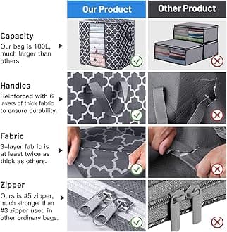 WISELIFE Storage Bags 4 Pack/100L Large Blanket Clothes Organization and Storage Containers for Comforters,Bedding, Foldable Organizer with Reinforced Handle, Clear Window, Sturdy Zippers,Gray