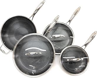 HexClad7-Piece Hybrid Stainless Steel Cookware Set with Lids and Wok - Metal Utensil and Dishwasher Safe, Induction Ready, PFOA-Free, Easy to Clean Non Stick Fry Pan with Covers