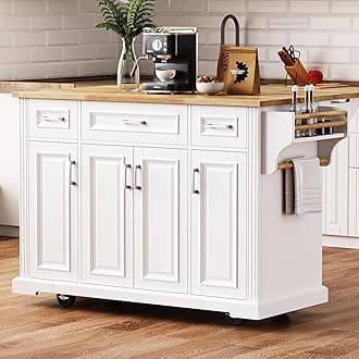 54inch Kitchen Island with 11.8" Drop Leaf, 4 Doors and 3 Deep Drawers, Embossed Texture Rolling Kitchen Cart on 4 Wheels, Moveable & Stationary Kitchen Island for Kitchen, Dining Room (White/268)