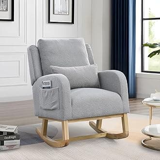 Rocking Glider Chair for Nursery, Wingback Accent Rocker Chair Upholstered Tall Back Arm Chair w/Side Pockets, Modern Leisure Single Sofa for Living Room, Hotel, Bedroom, Baby Room, Grey