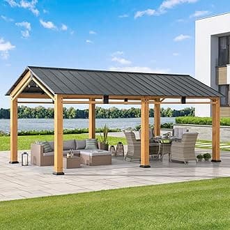 SUNJOY Carport 11 ft. x 20 ft. Standard Wood Gazebo Heavy Duty Garage, Cedar Framed Gazebo Car Shelter with Metal Roof and Movable Ceiling Hook, Shade for Backyard, Patio Lawn and Garden