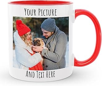 HomeBee Personalized Coffee Mug | Custom Photo Text or Logo Ceramic Mug | Customized 11 Oz Tea Cup – Unique Gift for Men & Women | Taza Personalizadas Design with Picture and Words | White – Red