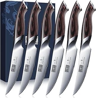 HOSHANHO Steak Knives Set of 6, Ultra Sharp 4.5 Inch Serrated Steak Knife Set, Japanese High Carbon Steel Kitchen Steak Knives with Ergonomic Handle