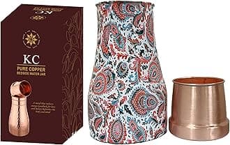 Pure Copper Designer Copper Water Bottle | Pitchers | Water Jug | BedRoom Jar | Bedside Bottle Carafes With Tumbler/Glass With Lid | With Flower Print Design 1250 ML