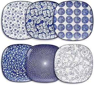 Selamica Porcelain Square Dessert Salad Pasta Plates 7.6 inches ceramic plates set of 6 microwave/dishwasher/oven safe, Vintage Blue