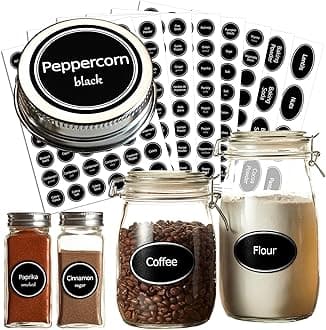 328 Preprinted Spice Jar & Pantry Label Set, Heavyweight Vinyl Black Chalkboard, Reusable 1.5” Round Waterproof Stickers, 3” Oval Pantry Chalk Labels, 38 Extra Blank Write-on for Lids Kitchen Bottles