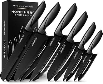 High Carbon Stainless Steel Knife Set - Chef Knife Set Precision Slicing & Versatility - Nonstick Ceramic Coated Blades & Easy Cleaning - Ergonomic Handles & Secure Grip - 12-Piece, Black